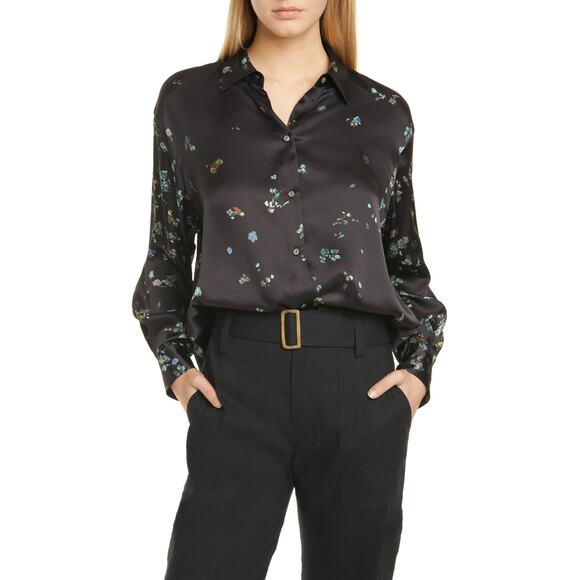 Vince Tops - Vince Scattered Floral Black Silk Blouse Size XS - NWT